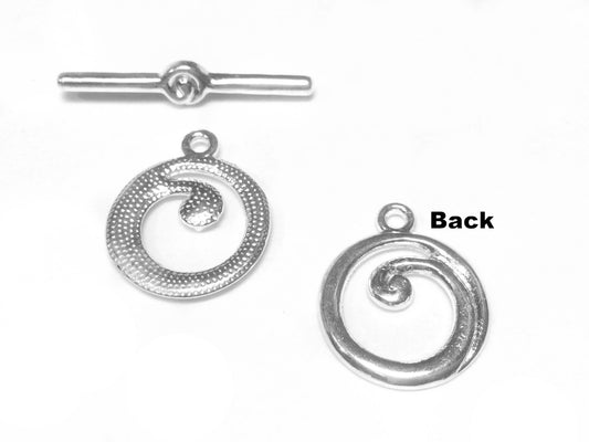 #2713 / Sterling Silver Plated Textured Swirl Toggle Clasps / Nickel Free Zink Alloy Base / Circle 14mm, Bar 24mm / Sold as Set