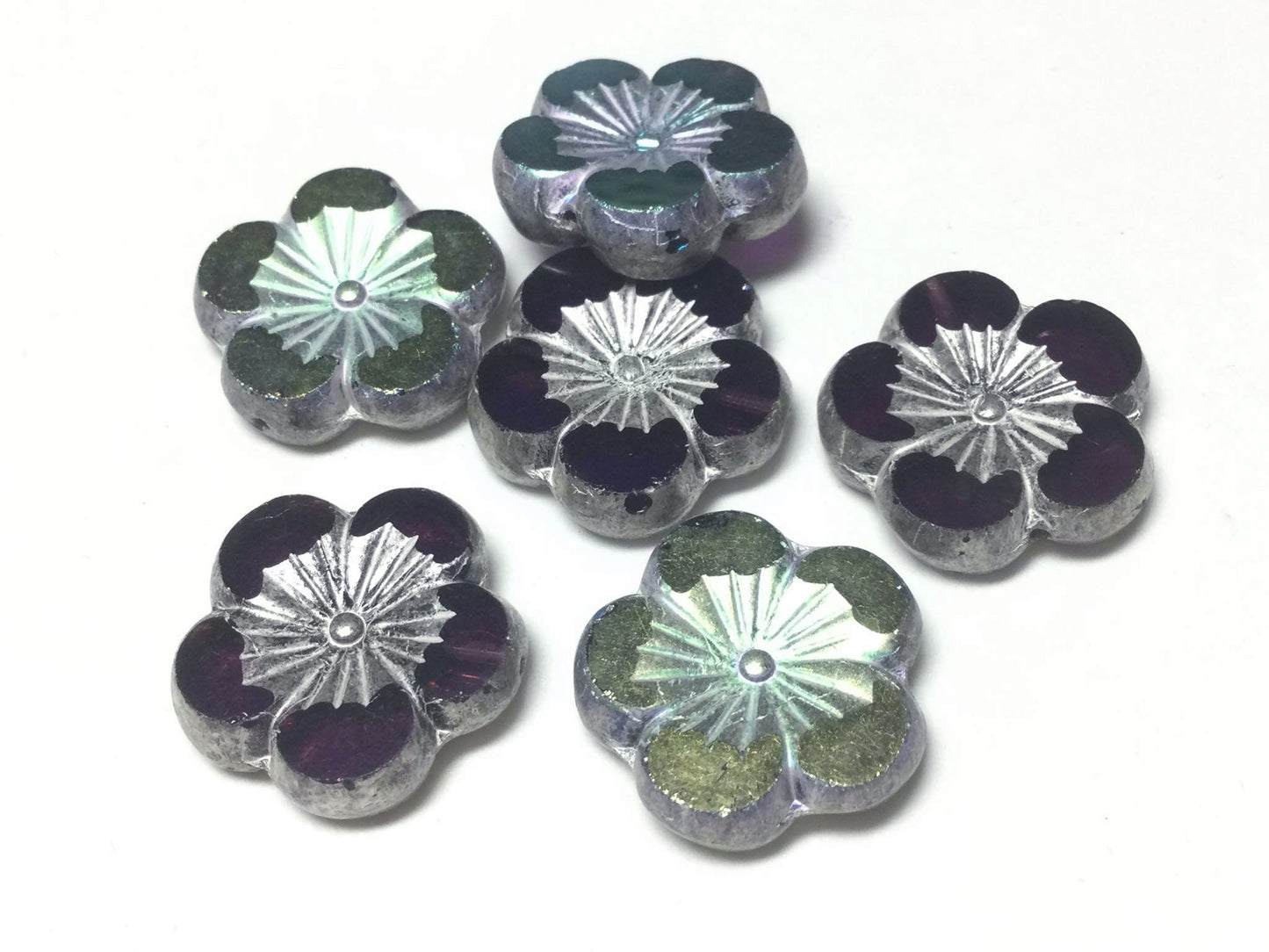 #2724 / Czech Large 22mm Hibiscus Flower Pendant or Earring / Mirrored Purple With A Peacock and Antique Silver Finish / 1mm Center Drilled Hole / Sold Individually