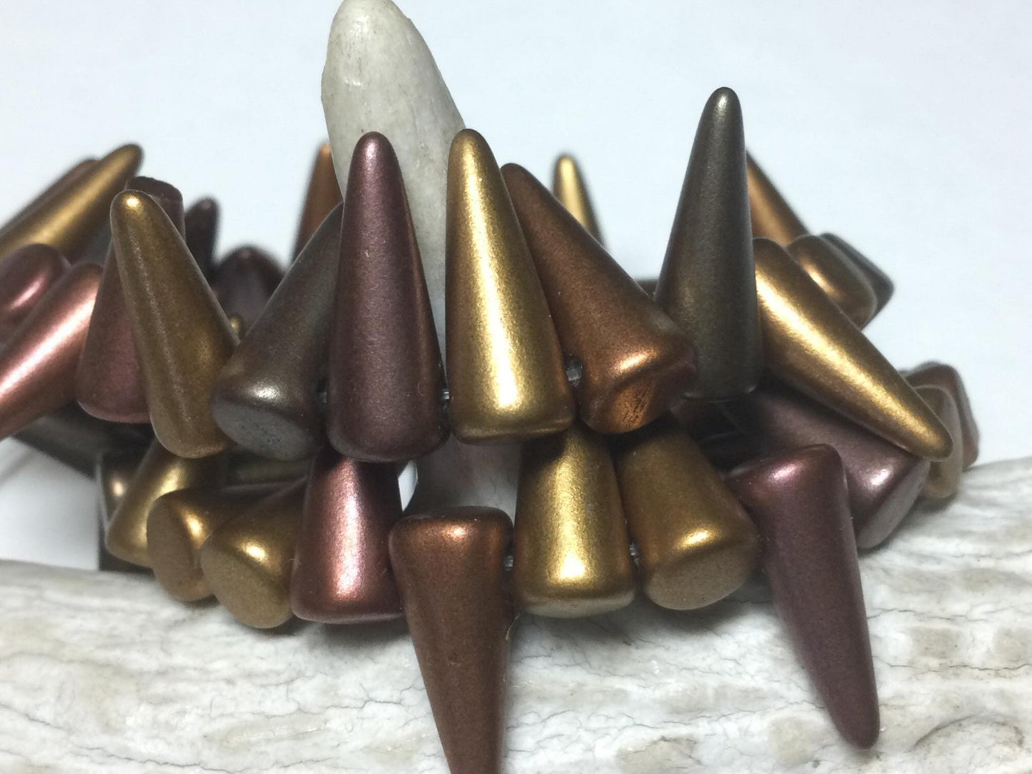 #2728 / Czech 5x13mm Opaque Metallic Color Mix Cone/Spike Beads / 1mm Top Drilled Hole / Lot of 15