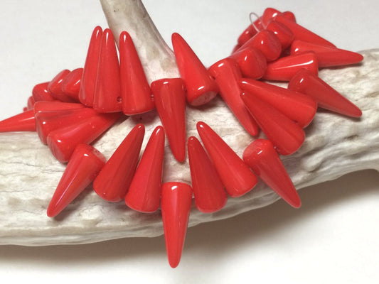 #2729 / Czech 5x13mm Opaque Scarlet Red Cone/Spike Beads / 1mm Top Drilled Hole / Lot of 15