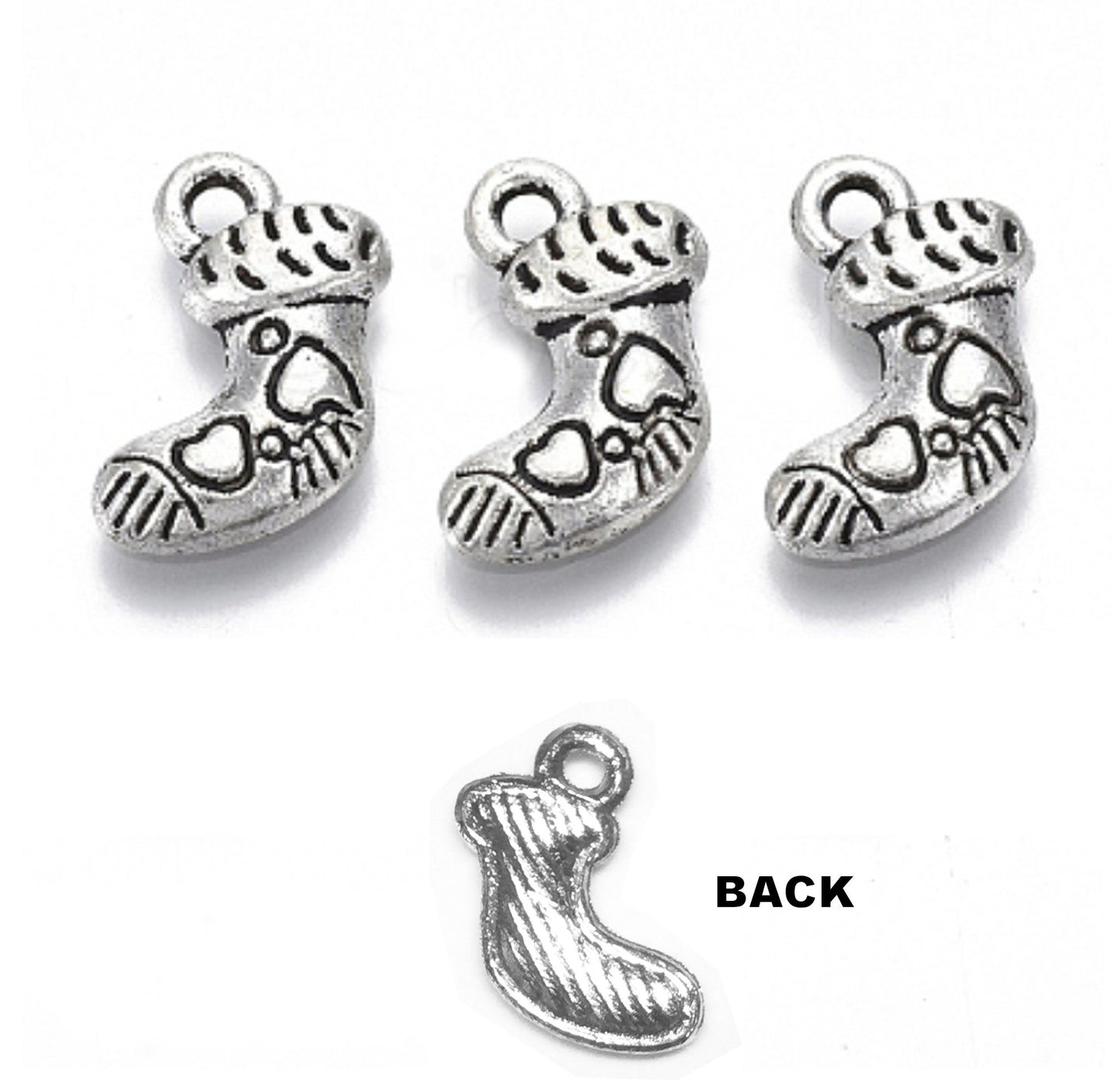 #2751 / Antique Silver Christmas Stocking Charm, Pendant or Earring / Lead, Cadmium Free / 14.5x12x2.5mm / 1.6mm Attached Loop / Lot of 5