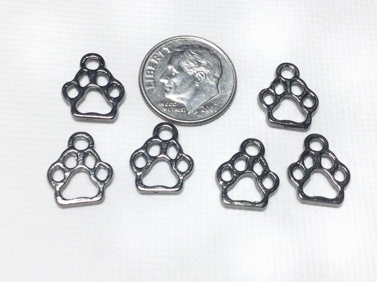 #2764 / Gunmetal Color Alloy Dog Paw Print Charm, Pendant or Earring / 13x11x1.5mm / 2mm Attached Loop / Lot of 10