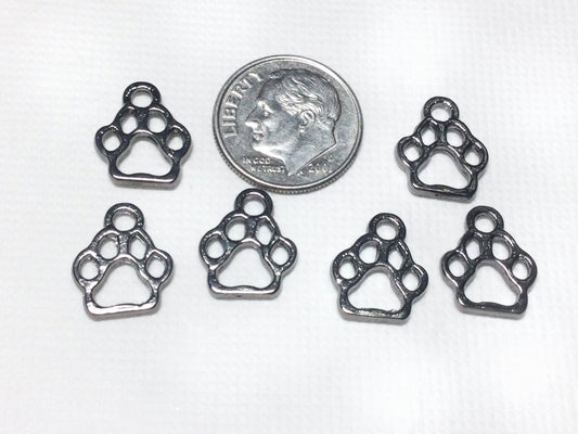 #2764 / Gunmetal Color Alloy Dog Paw Print Charm, Pendant or Earring / 13x11x1.5mm / 2mm Attached Loop / Lot of 10
