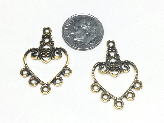 #2767 / Antique Gold Alloy Chandelier Heart Component with 8 Attachable 2mm Loops / 30x21x2mm / 2mm Attached Top Loop / Sold Per Pair