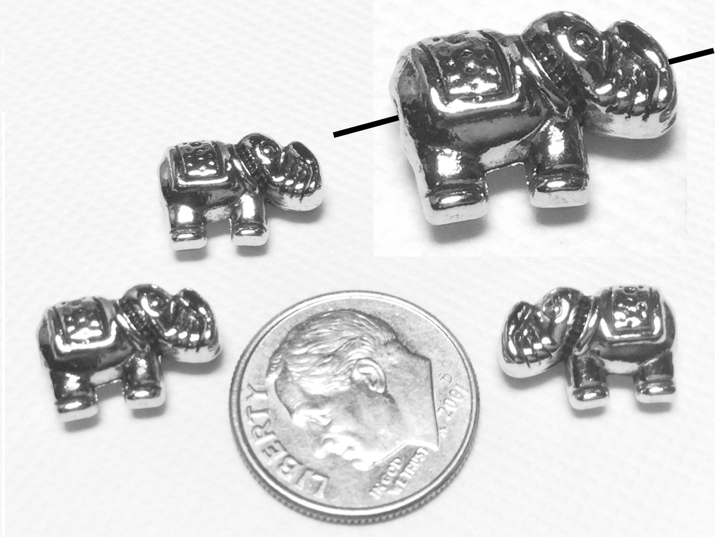 #2775 / Bright Silvertone Elephant Bead, Charm, Pendant or Earring / 13x9mm / 1mm Attached Loop / Lot of 4