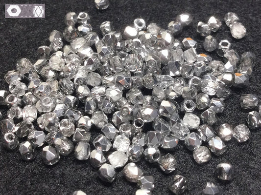 #2776 / Czech Faceted 2mm Firepolished Silvertone Glass Polygon Spacer Beads / .6mm Hole / Lot of 180