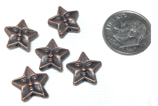 #2060 Antique Red Copper Star Beads with Face, 11x12x4.5mm / Lot of 5