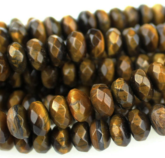 #2784 / Genuine Tiger Eye 8mm Faceted Rondelle Beads / .8mm Hole / Strand of 19 Beads