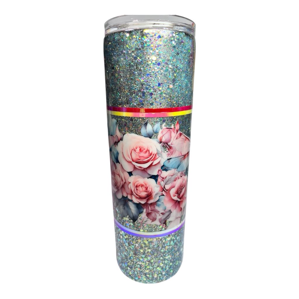 #279 - 30oz Skinny Tumbler with Handle / Decal: Butterfly & Flower