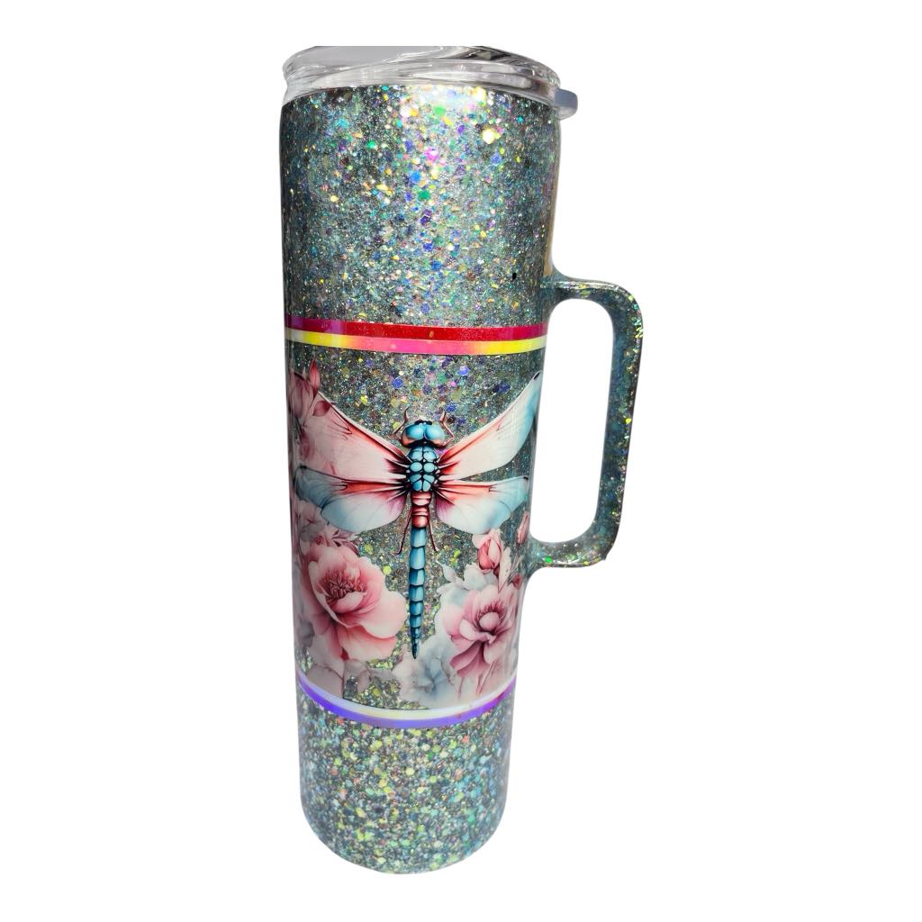 #279 - 30oz Skinny Tumbler with Handle / Decal: Butterfly & Flower