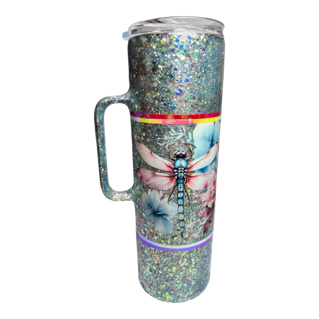 #279 - 30oz Skinny Tumbler with Handle / Decal: Butterfly & Flower