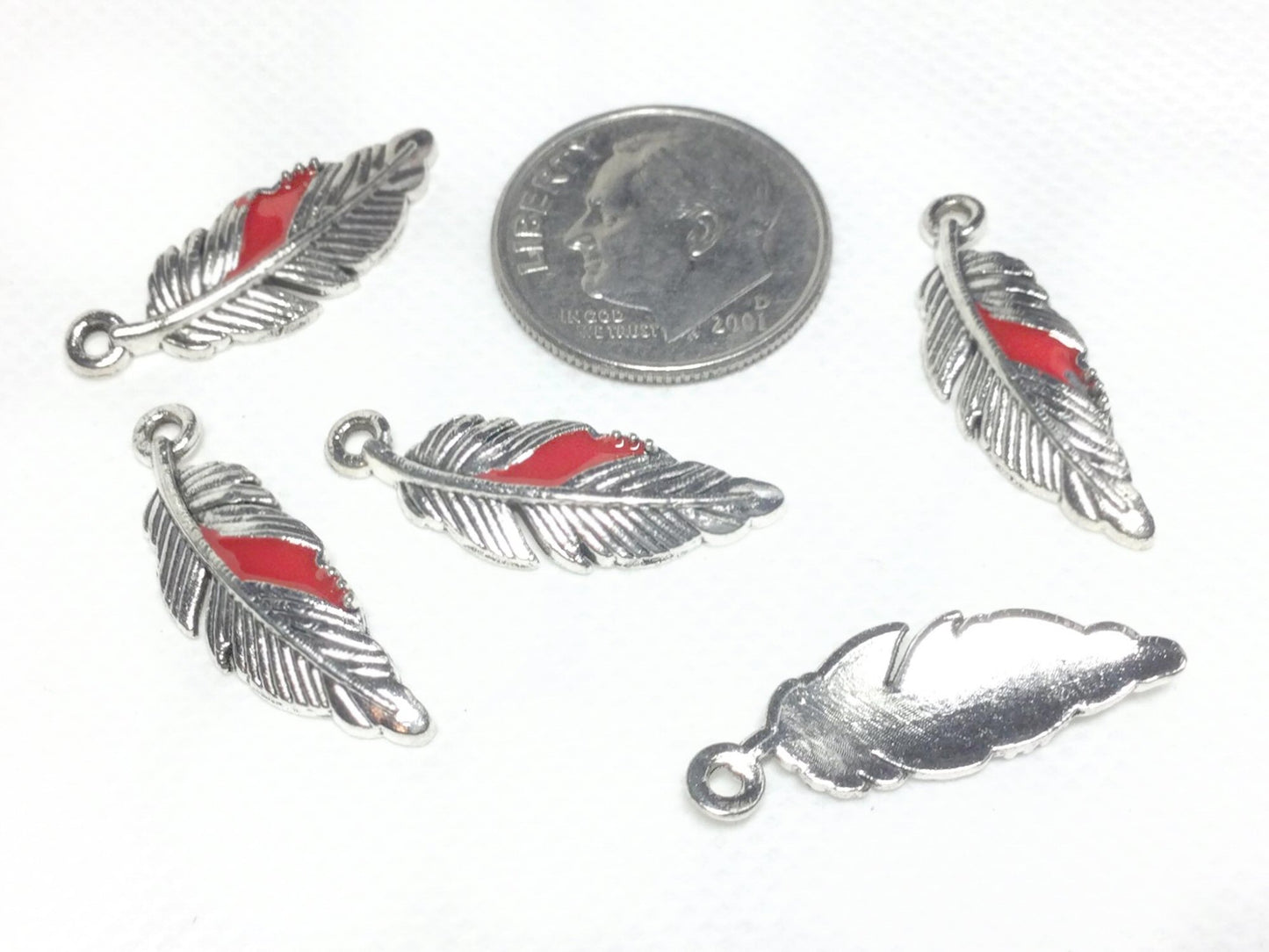 #2858 / Antique Silver Alloy Red Enamel Leaf Pendant / 23x2mm / 1.2mm Hole / Sold Individually