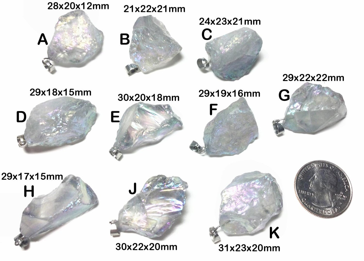 #2884 / Natural Crystal Quartz Raw Rough Electroplated Pendants / Platinum Tone Alloy Bails / Sold Individually