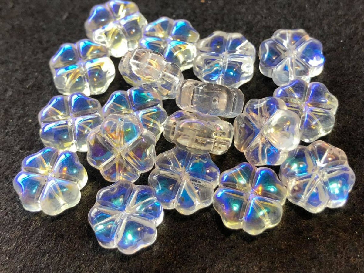 #2892 / Transparent AB Plated Glass Clover Beads / 10x10x5mm / 1mm Hole / 7 3/4” Lot of 20