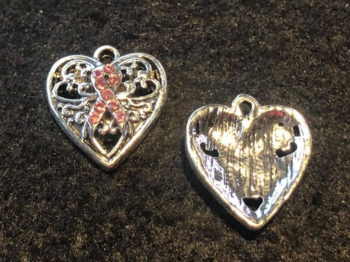 #2897 / Antique Silver Hollow Heart with Pink Rhinestone Awareness Ribbon / Charm, Pendant or Earring / 16x14.5x3.5mm / 1.5mm Loop / Sold Individually
