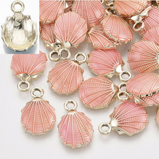 #2901 / Golden Alloy Enamel Light Coral Scallop Charm, Pendant, Earring / 19.5x1x4.5mm / 2.5mm Attached Loop / Sold Individually