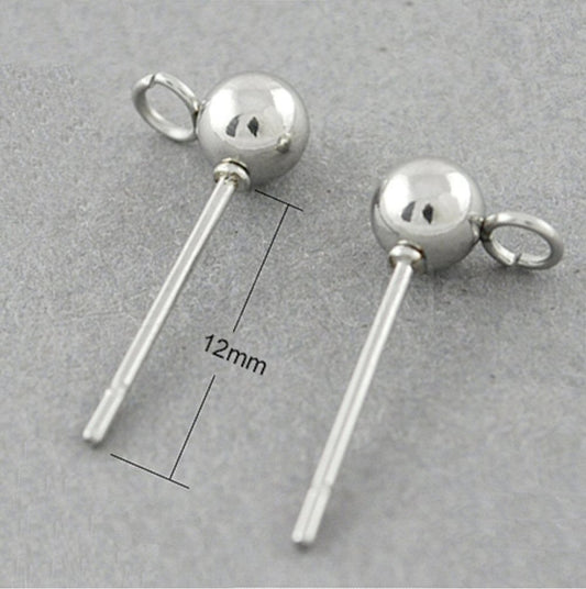 #2907 / 304 Stainless Steel Ball 12x8mm Post Stud Earring with Loop, 5mm Ball, Attached 2mm Loop / Lot of 5 Pair