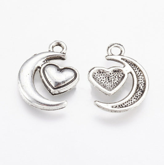 #2909 / Antique Silver Moon with Hanging Heart Charm, Pendant, Earring / 17x13x2mm / Attached 2mm Loop / Sold Individually
