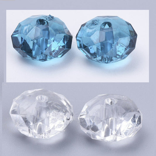 #2912-#2913 / Translucent Acrylic Faceted Clear Rondelle Beads / 8x5mm / 1.4mm Hole / Your Choice of Clear or Blue / Lot of 50