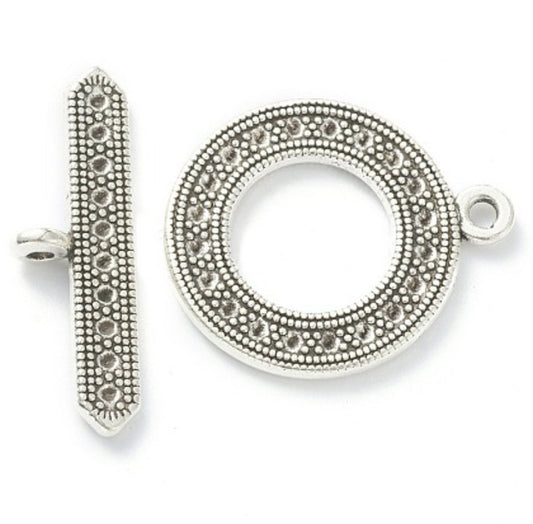 #2929 / Antique Silver Toggle Clasp Sets / Cadmium, Lead Free / Ring: 24.5x29x2.5mm, Loop: 2.5mm, Bar: 10.5x32x5mm / Loop: 2mm / Sold as Set