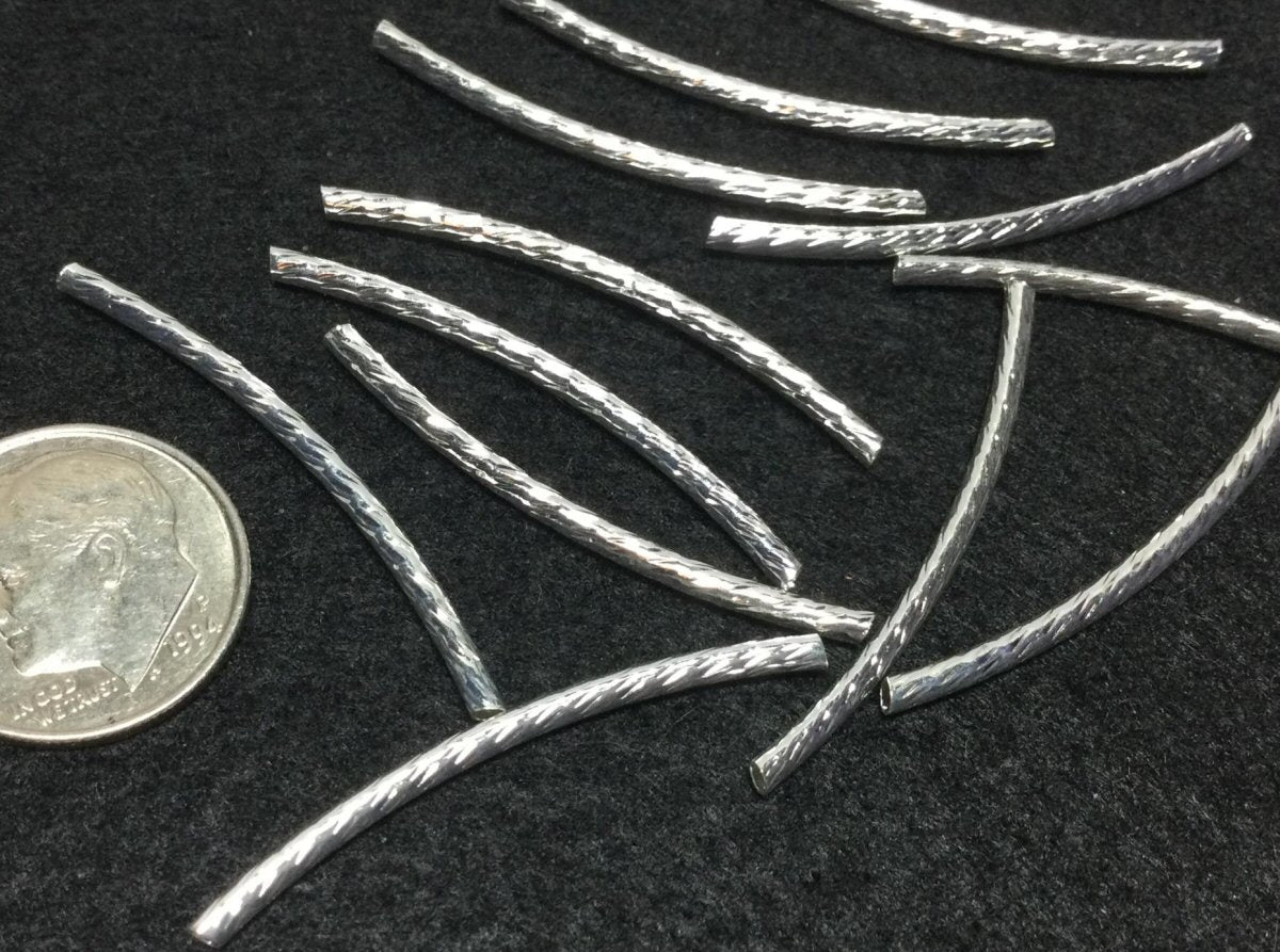 #2943 / Silver Colored Brass Textured Curved Tube Beads / 35x2mm / 1mm Hole / Lot of 10