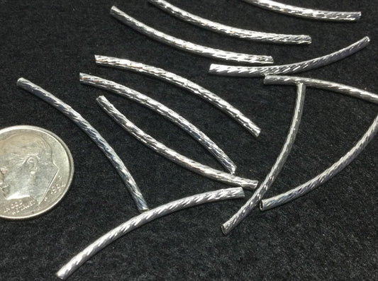 #2943 / Silver Colored Brass Textured Curved Tube Beads / 35x2mm / 1mm Hole / Lot of 10