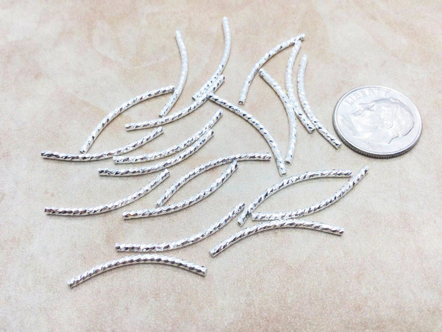 #2965 / 925 Sterling Silver Plated Curved Tube Beads or Spacers / 25x1.5mm / .8mm Hole / Lot of 4