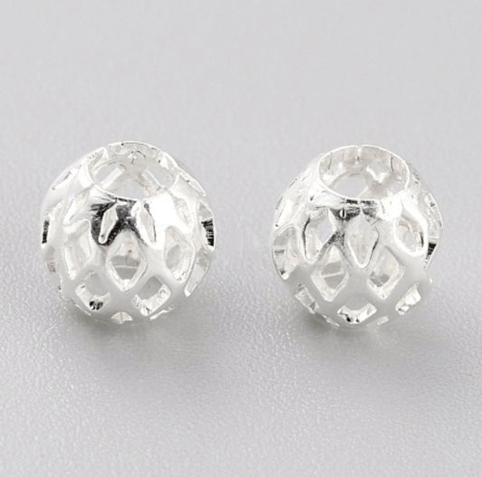 #2971 / Genuine 925 Sterling Silver Plated Filigree Round Beads or Spacers / 6.5x6mm / 3mm Attached Loop / Lot of 4