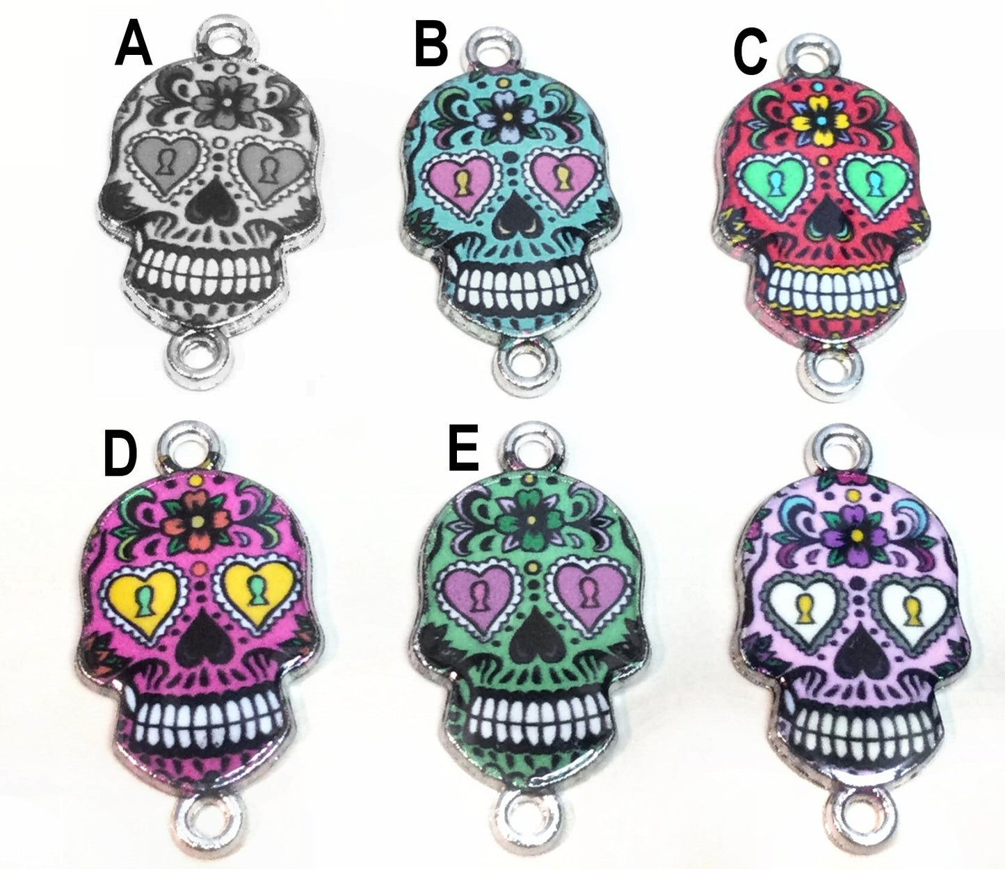 #2974 / Día de los Muertos (Day of the Dead) Multicolor Enamel Skull Connector / 25.5x13.5x2mm / 1.6mm Attached Loops / Sold Individually / Your Choice of Color Style