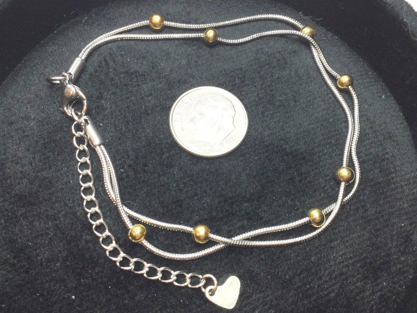 #2978 / Double Strand 304 Stainless Steel 8 1/8" Snake Chain Bracelet with Eight 5mm Golden Beads, secured with a Lobster Claw Clasp / 2 3/8" Extender Chain with a Heart Charm / Sold Individually