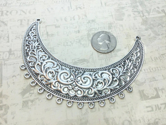#2979 / Antique Silver Crescent Chandelier Necklace Focal Piece / 73x108x2mm / 2mm Attached Bottom Loops (13) / Sold Individually