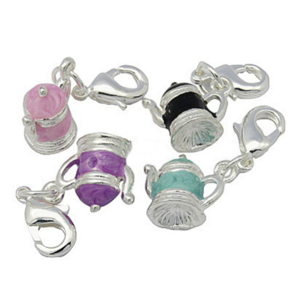 #2986 / Silvertone & Enamel Teapot Charm-Pendant-Earring with 9x6mm Lobster Claw Clasp / 26mm / 1.6mm Attached Loop / Sold Individually / Your Choice of Color