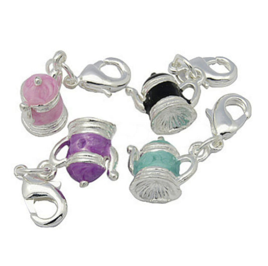 #2986 / Silvertone & Enamel Teapot Charm-Pendant-Earring with 9x6mm Lobster Claw Clasp / 26mm / 1.6mm Attached Loop / Sold Individually / Your Choice of Color