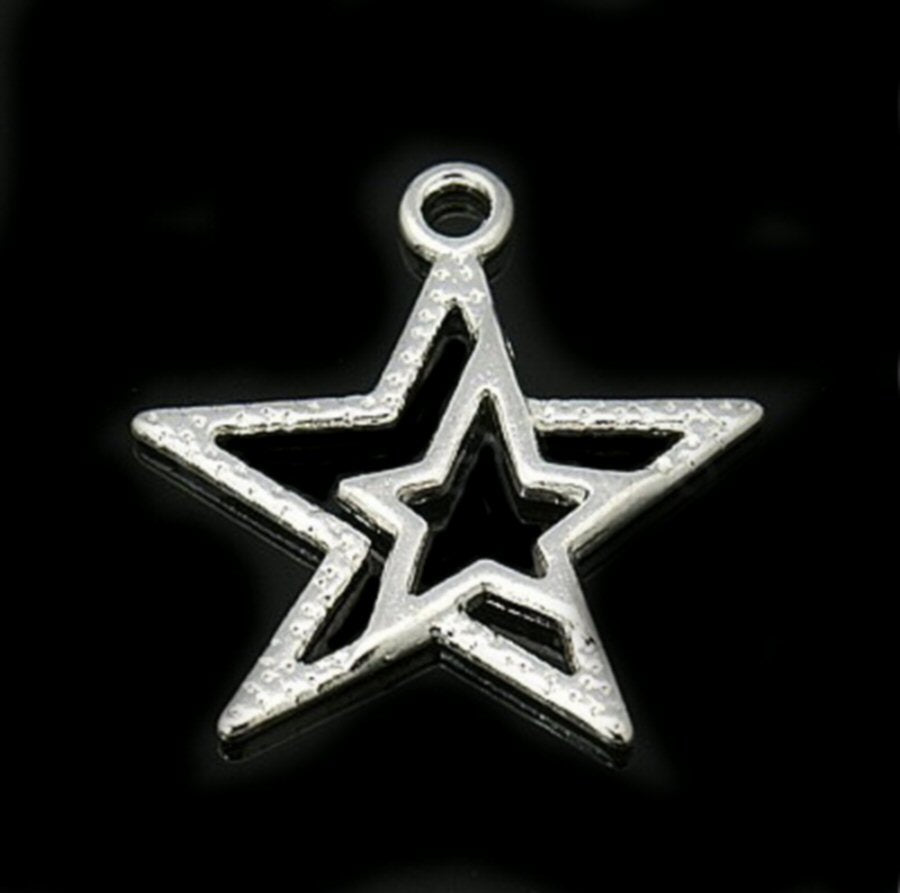 #2995 / Polished Antique Silver Textured Star-in-Star Charm-Pendant-Earring / Lead/Cadmium Free / 23x20.5x2mm / Hole 1.5mm / Lot of 20