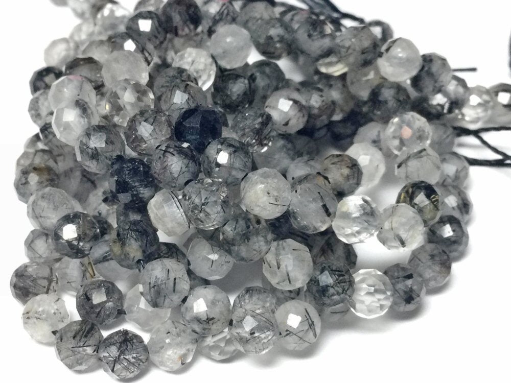 #2997 / Natural Black Grade A Faceted (Diamond Cut) Rutilated Quartz 4mm Beads / Hole: 0.5mm / 7 1/4" Strand