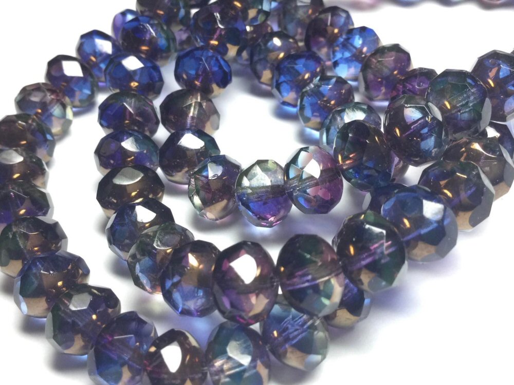 #3013 / Czech 8x6mm Translucent Sapphire, Grape & Pale Yellow with Picasso Finish Rondelle Beads / 8x6mm / 1mm Hole / Strand of 25