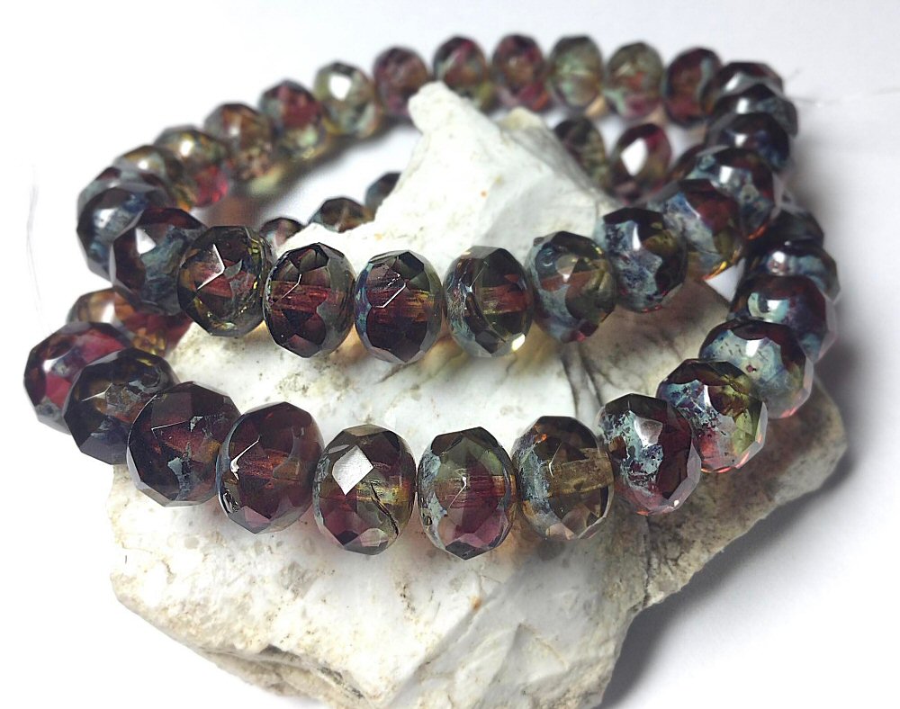 #3014 / Czech 8x6mm Translucent Crimson & Pale Yellow with Picasso Finish Rondelle Beads / 8x6mm / 1mm Hole / Strand of 25