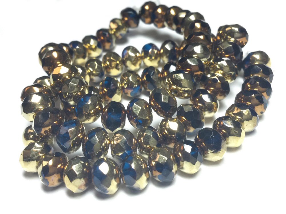 #3018 / Czech Sapphire with Bronze & AB Finish 7x5mm Rondelle Beads / 8x6mm / 0.8mm Hole / Strand of 25