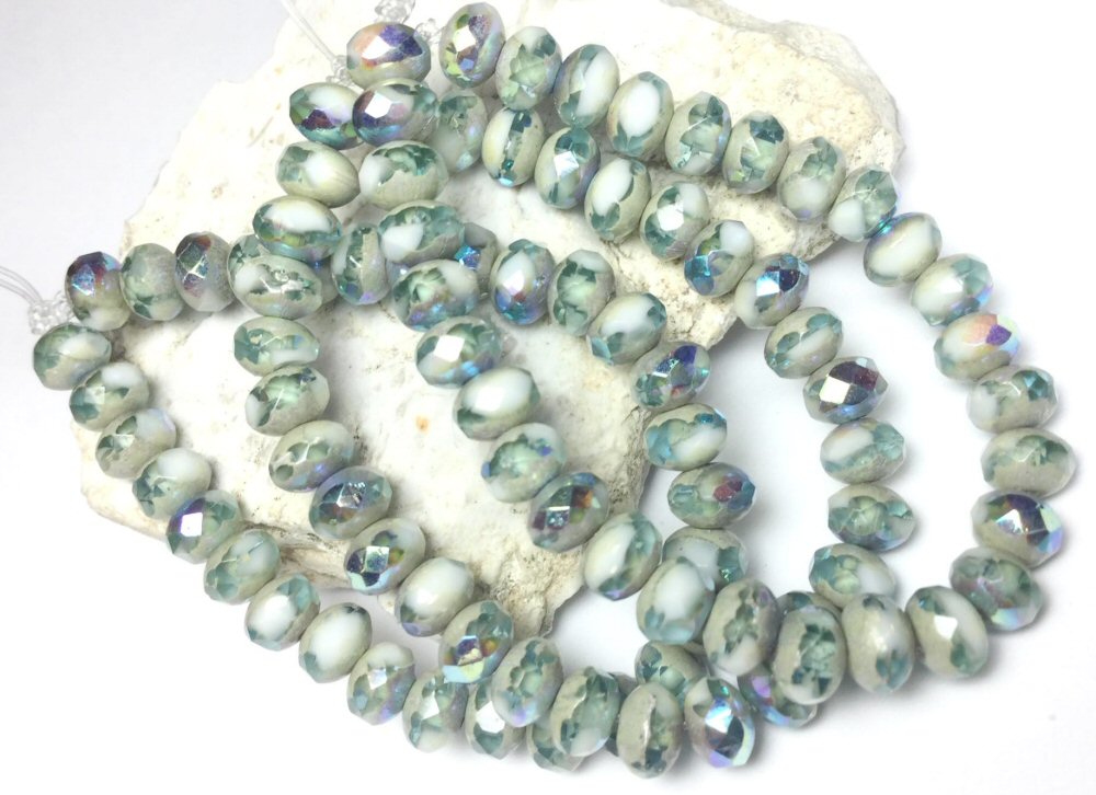 #3019 / Czech 5x3mm Rondelle Beads, Tea Green & White with Antique Silver & AB Finish / 0.8mm Hole / Strand of 30