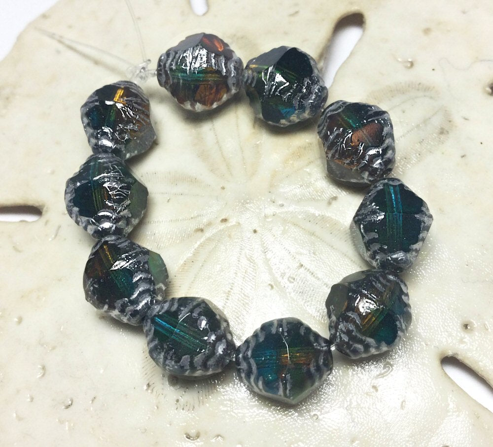#3026 / Czech 10x8mm Faceted Bicone Beads, Translucent Teal, Emerald & Amber with Silver Finish / 1mm Hole / Strand of 10