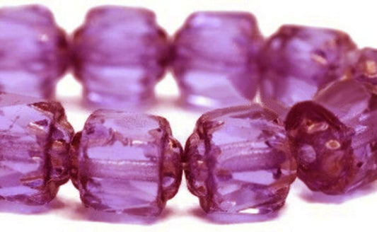 #3027 / Czech 6mm Diamond Cut Multi-Faceted Cathedral Beads, Translucent Pale Purple with Bronze Finish / 1mm Hole / Strand of 10