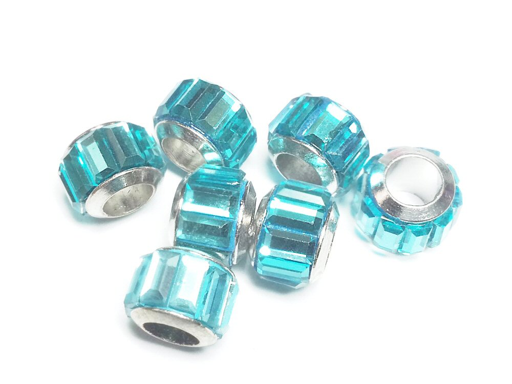 #3032 / Glass European Large Hole Rondelle Bead with Silvertone Brass Core, Light Sky Blue / 10.5x7mm / 5mm Hole / Lot of 9