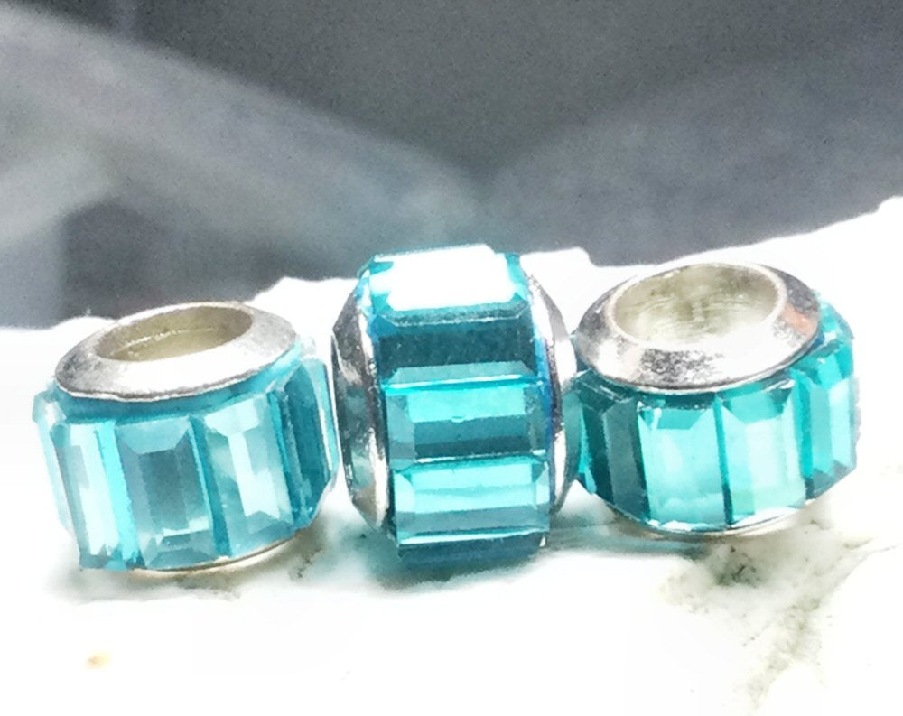 #3032 / Glass European Large Hole Rondelle Bead with Silvertone Brass Core, Light Sky Blue / 10.5x7mm / 5mm Hole / Lot of 9