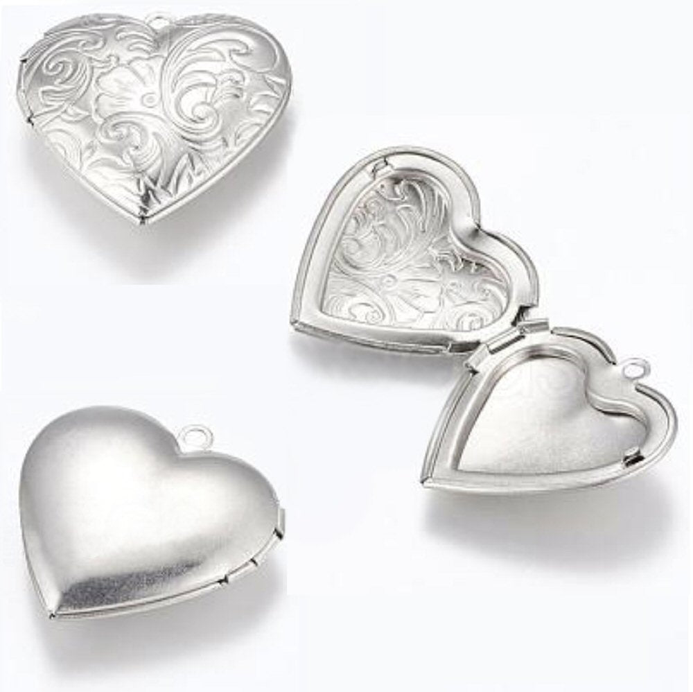 #3034 / Stainless Steel Heart Locket Pendant with Delicate Etched Floral Top and with Side Hinge / 2mm Attached Loop / Sold Individually (Can Hold 2 Photos, One on Each Side, 29x29x7mm (Inner Dia 21x15mm)