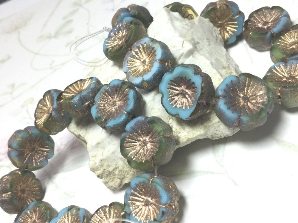 #3042 / Czech 14mm Sky Blue and Yellow Etched Hibiscus Flower Beads with Bronze Finish and Gold Wash / Hole: 1mm / Lot of 2