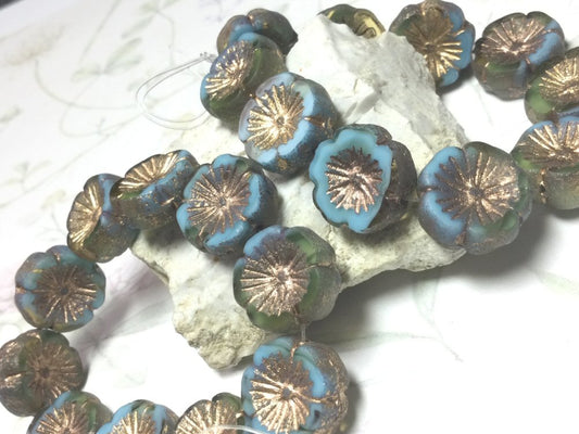 #3042 / Czech 14mm Sky Blue and Yellow Etched Hibiscus Flower Beads with Bronze Finish and Gold Wash / Hole: 1mm / Lot of 2