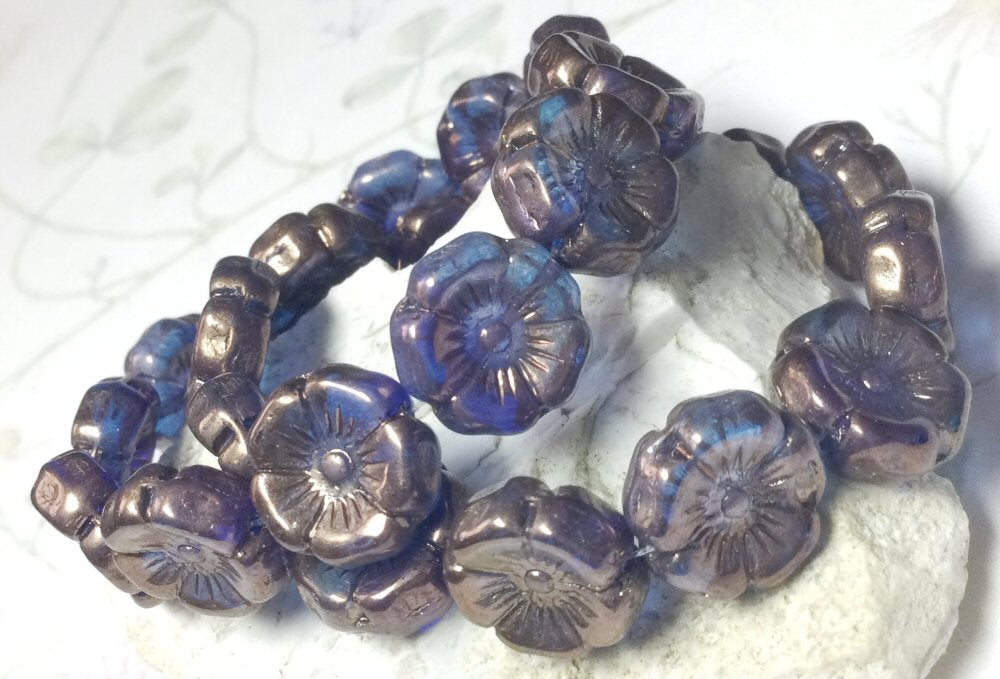 #3043 / Czech 12mm Translucent Sapphire & Sky Blue Hibiscus Flower with a Copper Finish / 1mm Hole / Lot of 6