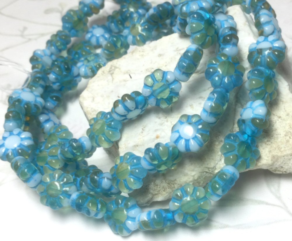 #3044 / Czech 9mm Cactus Flower, White/Sky Blue/Yellow with a Turquoise Wash / 0.8mm Hole / Lot of 14