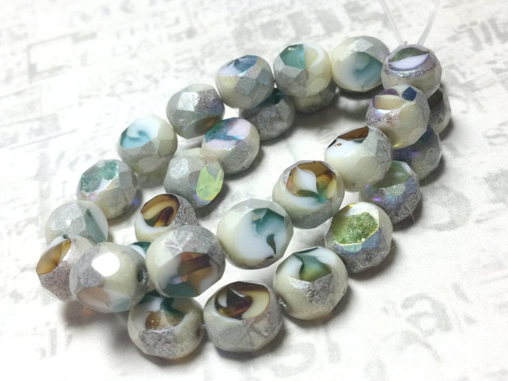 #3046 / Czech 8mm Table Cut Teal-Amber-White Beads with an AB and Antique Silver Finish / 0.6mm Hole / Strand of 15 Beads
