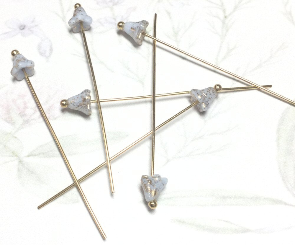 #3049 / Golden Ball Headpin with a Czech 5x6mm Periwinkle Bell Flower with a Gold Wash / 50mm / Lot of 6 Pins